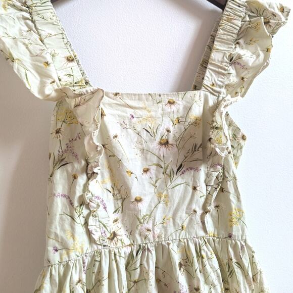 H&M Sundress Women's Sz Medium Green Wildflower Poplin Bow Back Influencer - Picture 1 of 4